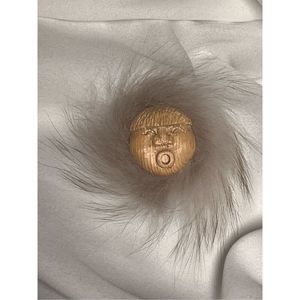 Hand Carved Inuit Native Face Singing Wood Brooch With Fox Fur